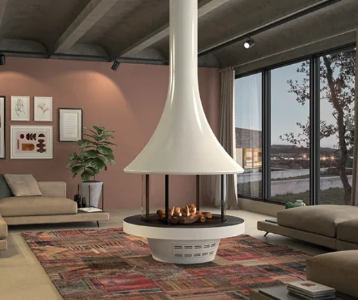A cream suspended central fireplace above a terracotta-tiled floor