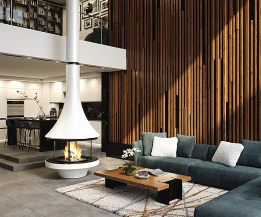A white suspended fireplace against a slatted wood wall in a two-storey room