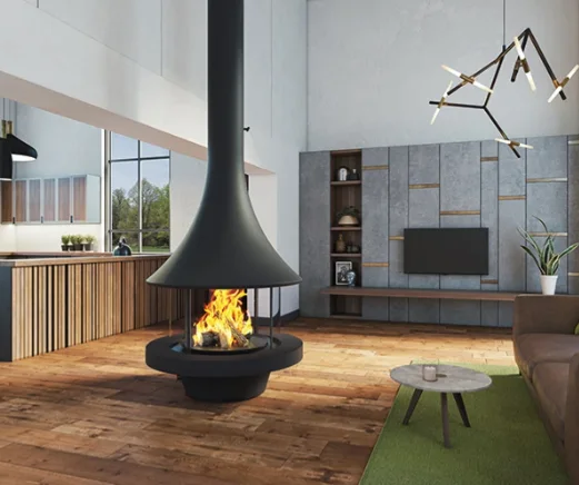 A black suspended cone fireplace anchoring an open kitchen and dining space