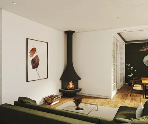 A wall-hung Bordelet fireplace beside framed art in a calm living room