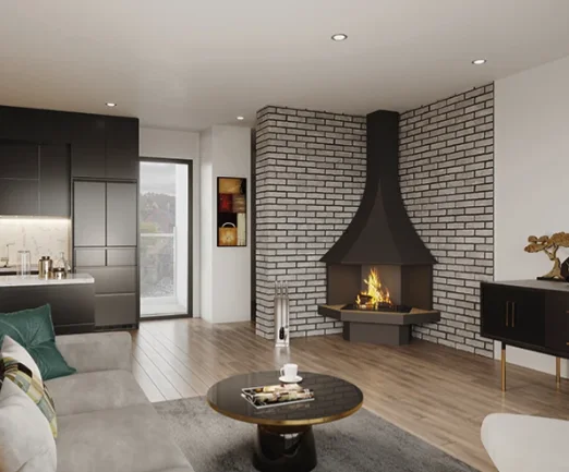 A black column fireplace standing among plants in an open living space
