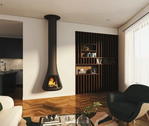 A suspended fireplace beside built-in shelving under a wood ceiling