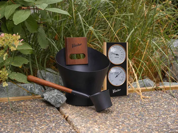 Visscher sauna Essentials Kit with a black bucket, ladle, and thermometer-hygrometer